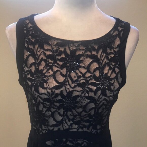 Candalete Floral Sequined Lace Over Tan Bodice Evening Maxi Dress w/Front Slit-M - Picture 2 of 11